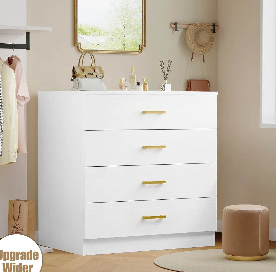 dressers for bedroom, heavy duty 4-drawer wood chest of drawers, modern storage bedroom chest for kids room, white vertical storage cabinet for bathroom, closet, entryway, hallway, nursery, l2028
