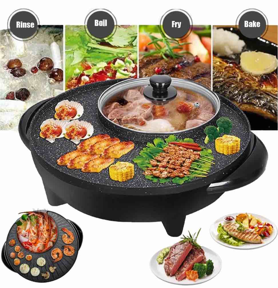 electric hot pot and grill combo, 110v hot pot with grill 2-in-1, multifunctional smokeless korean barbecue grill, capacity for 3-5 people, suitable for korean bbq, shabu and soup