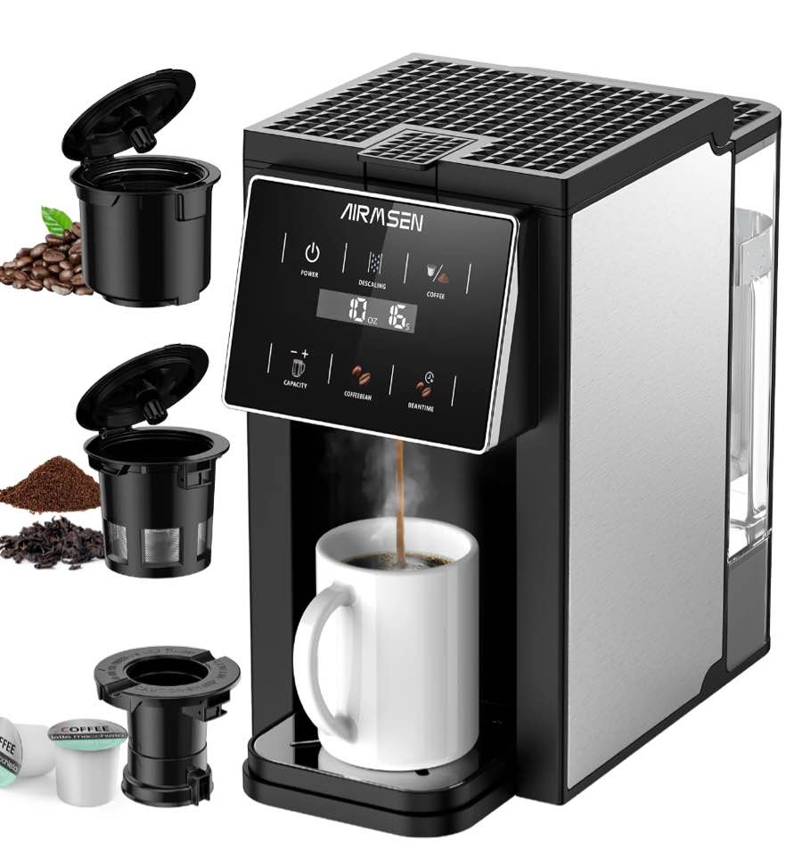 AIRMSEN 3 in 1 Single Serve Coffee Maker with Grinder, K Cup Coffee Machine Compatible with Grounds and Beans, Instant Coffee Pot with 5 Grind Levels & 6-14oz Cup Sizes, BPA-Free