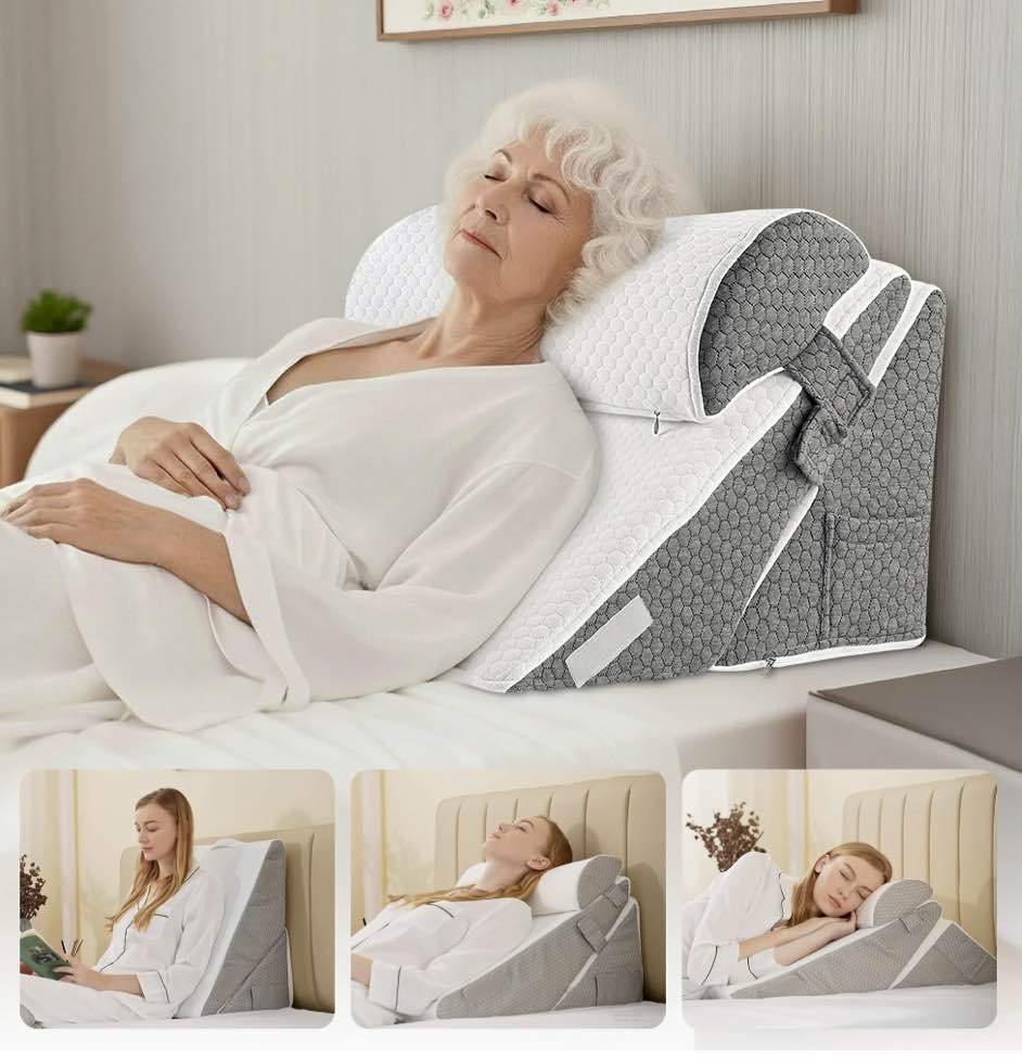 grnoedn wedge pillow for sleeping orthopedic adjustable memory foam bed wedge pillows set for acid reflux leg back pain relief & reading rest headboard with neck support & gray removable pillowcase