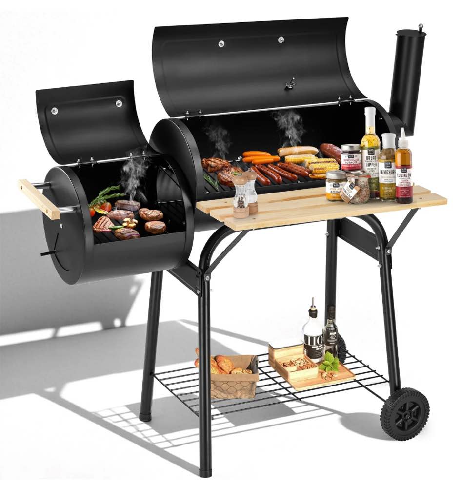 segmart bbq charcoal grill, 45.28-inch length portable barbecue grill, offset smoker barbecue oven with wheels & thermometer for outdoor picnic camping patio backyard