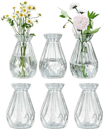 MyGift Set of 6 Diamond-Faceted Clear Glass Bud Vases – Small Decorative Flower Vases for Table Centerpieces, Weddings, and Home Décor