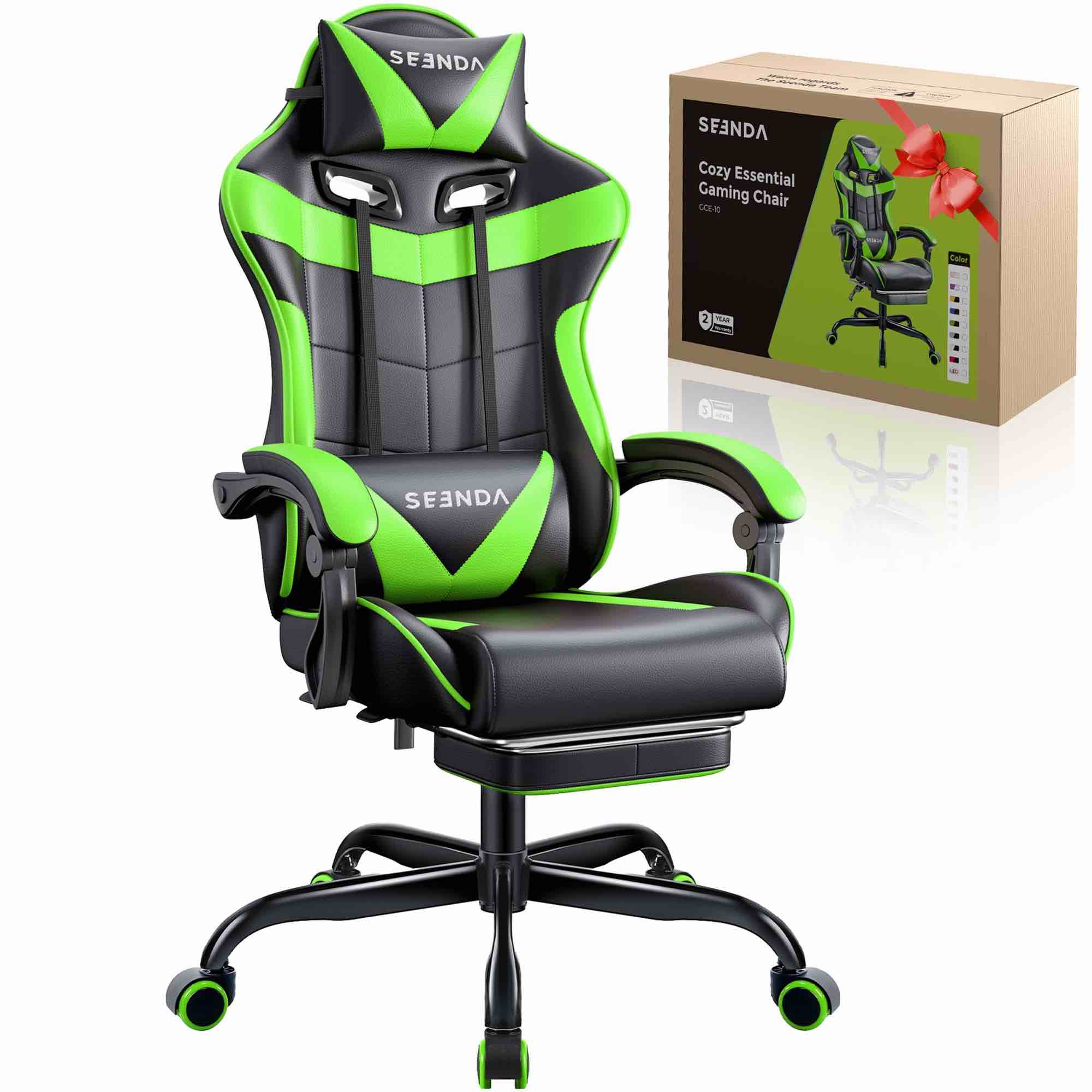 gaming chair, seenda video game chair with footrest and lumbar support, ergonomic computer chair height adjustable with swivel seat and headrest