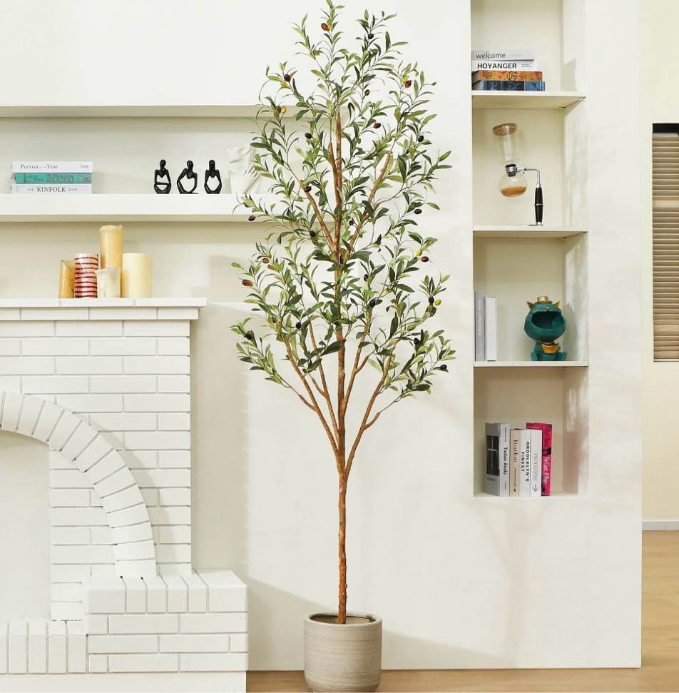 7 ft artificial olive plants with realistic leaves and natural trunk, silk fake olive tree in black plastic pot, faux olive tree for office home