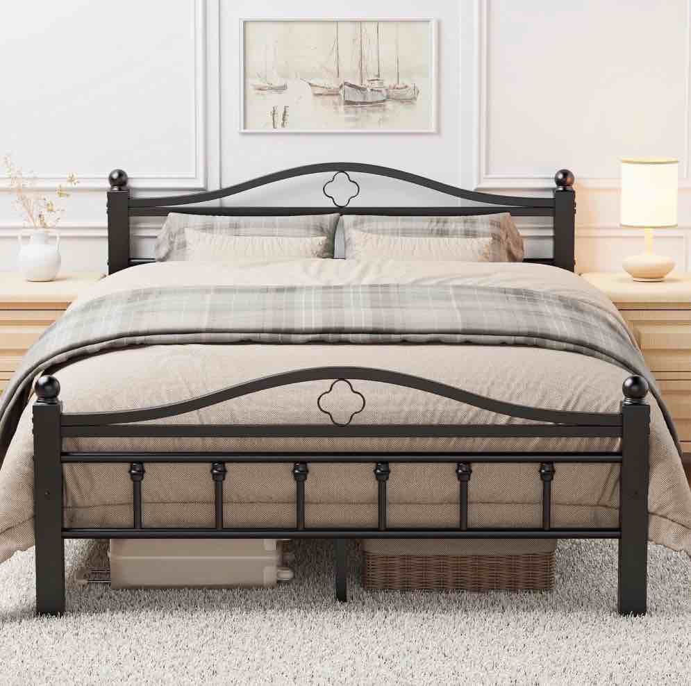full size bed frame with headboard - heavy duty full platform bed frame supports 1500lbs, noise free, under-bed storage, mattress foundation, no box spring needed, easy assembly