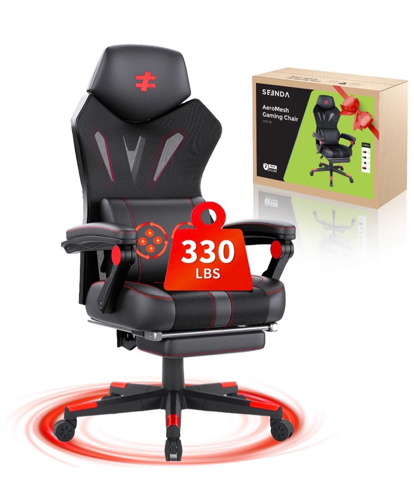 seenda massage gaming chair, computer chair with mesh back, ergonomic office desk chair with footrest, reclining video game chair with adjustable headrest and lumbar support for gaming and office