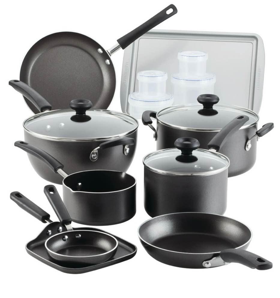 farberware easy clean 20 pcs nonstick cookware set and glass lids with cooking tools and food storage containers  dishwasher safe  gray