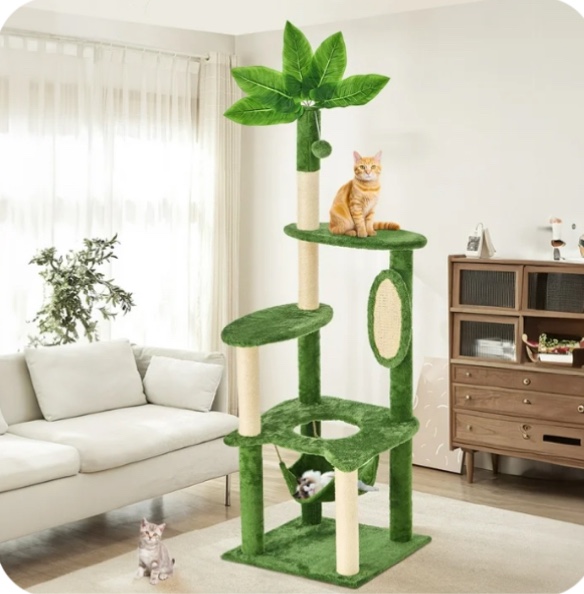 NINESHI 60" Cat Tree for Indoor Cats with Green Leaves, Multi-Level Large Cat Tower with Hammock, Plush House w/ Hang Ball Toy and Scratching Posts, Green