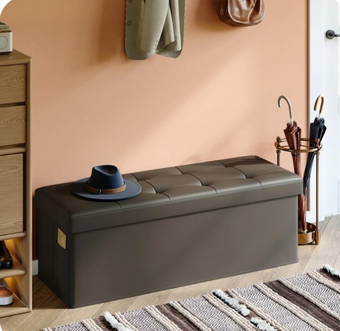 Pinmoco 43" Storage Ottoman Bench Folding Leather Bedroom Storage Bench with Side Pocket for Entryway, Living Room, Dark Brown