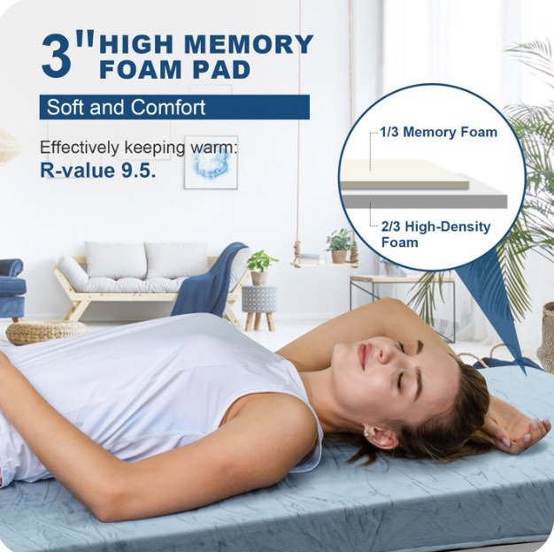 Invoker 3 Inch Memory Foam Camping Mattress Pad, CertiPUR-US Sleeping Mat Portable Roll Up Mattress for Travel Truck Guest Bed Tent with Travel Bag