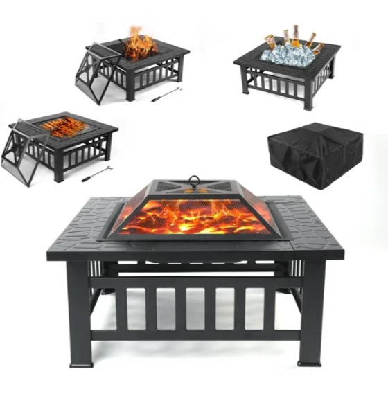 Fire Pits for Outside, 32" Wood Burning Fire Pit Tables with Screen Lid, Poker, BBQ Net, Ice Tray, Food Clip and Cover, Backyard Patio Garden Outdoor Fire Pit/Ice Pit/BBQ Fire Pit, Black