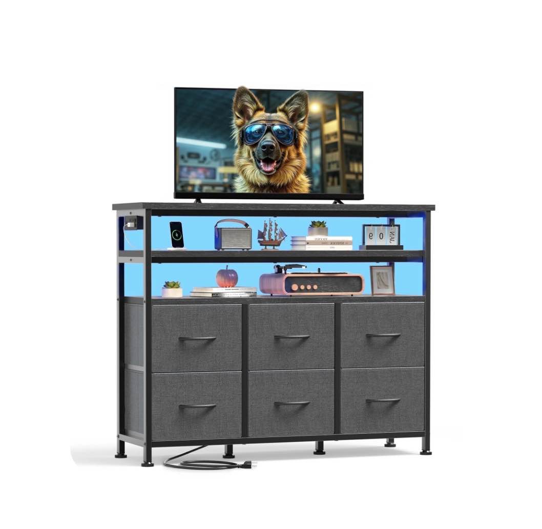 EDX 6-Drawer Fabric Dresser with Power Outlets and LED Light, TV stand for Bedroom, Living Room, Hallway, Gray