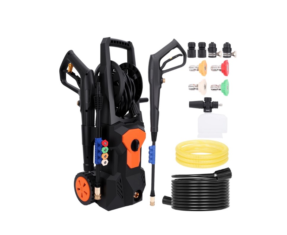 electric pressure washer, 4500psi max 3.2 gpm 33ft hose w/ hose reel , 4 connect nozzles foam cannon for cars, fences, driveways, patios, home cleaning