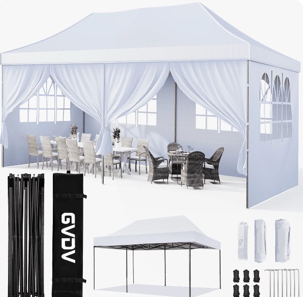 gvdv 10' x 20' pop up canopy tent party tent outdoor event instant tent gazebo with removable sidewalls and carry bag, white