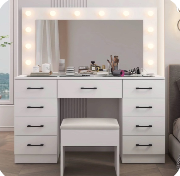 ktaxon large makeup vanity, get ready with me grwm vanity table set w/ visible glass top w/ charging station, white