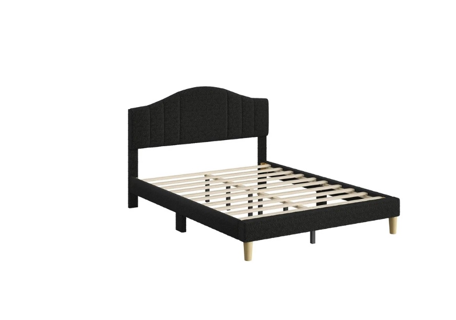pinmoco queen upholstered bed frame with adjustable arc-shaped headboard, led platform bed, teddy velvet black