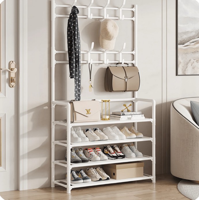 hioha coat and shoe rack, hall tree for entryway with 4-tier storage shelves,storage organizer with 8 hooks for bedroom, hallway, office, white