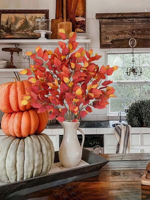 Artificial Fall Birch Leaves Stem - 6 Pcs Faux Autumn Greenery Long Stems 33.4" Tall Fake Plants wit