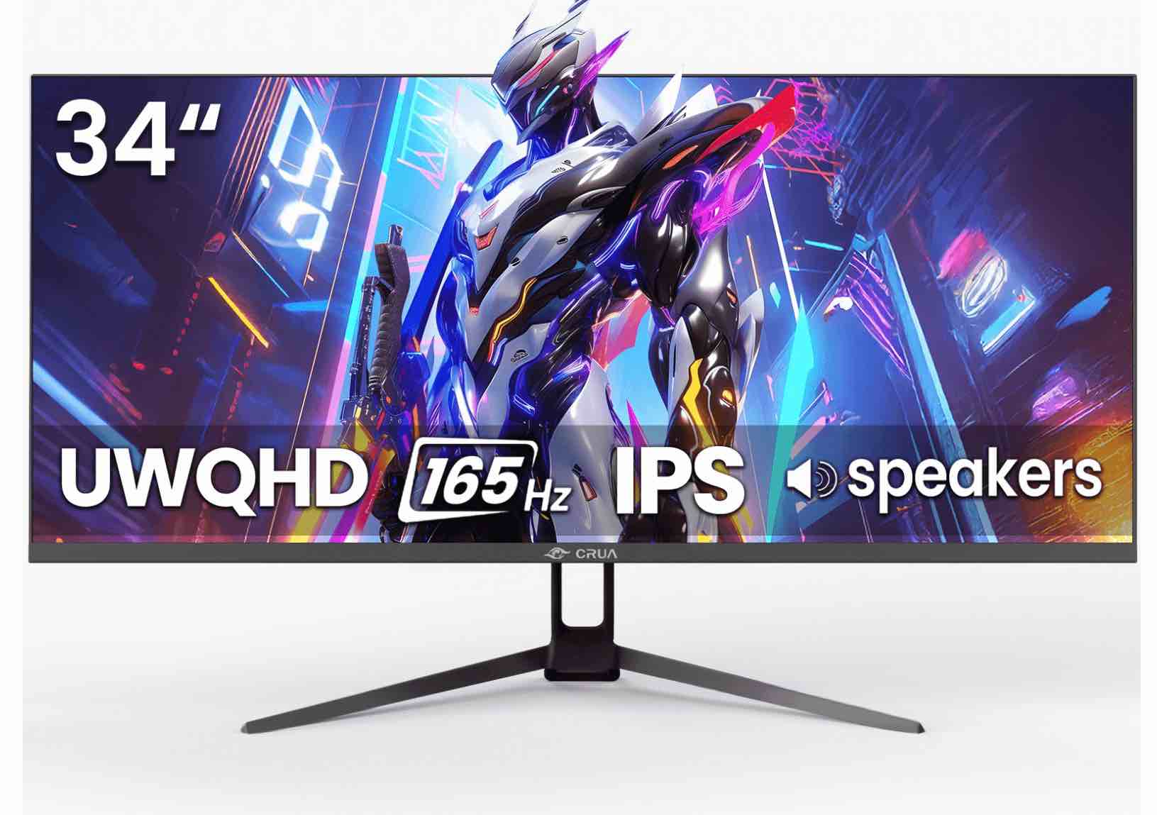 CRUA 34 Inch 165Hz UWQHD IPS Utrawide Gaming Monitor,3440x1440,21:9, Built-in Speakers,120 sRGB,HDMI/DP,Wall Mountable-Black