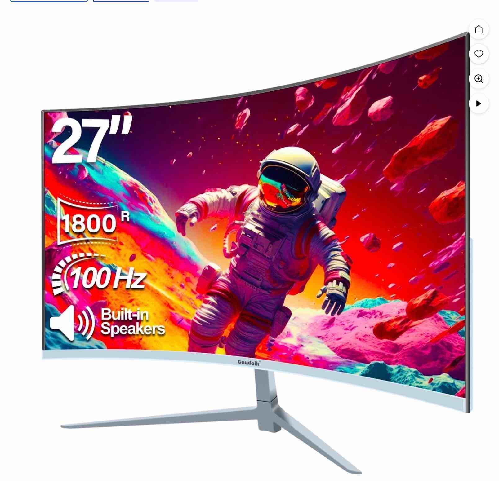 gawfolk 27 inch curved monitor 100hz, pc white computer gaming monitor fhd 1080p, 1800r, frameless, built-in speakers