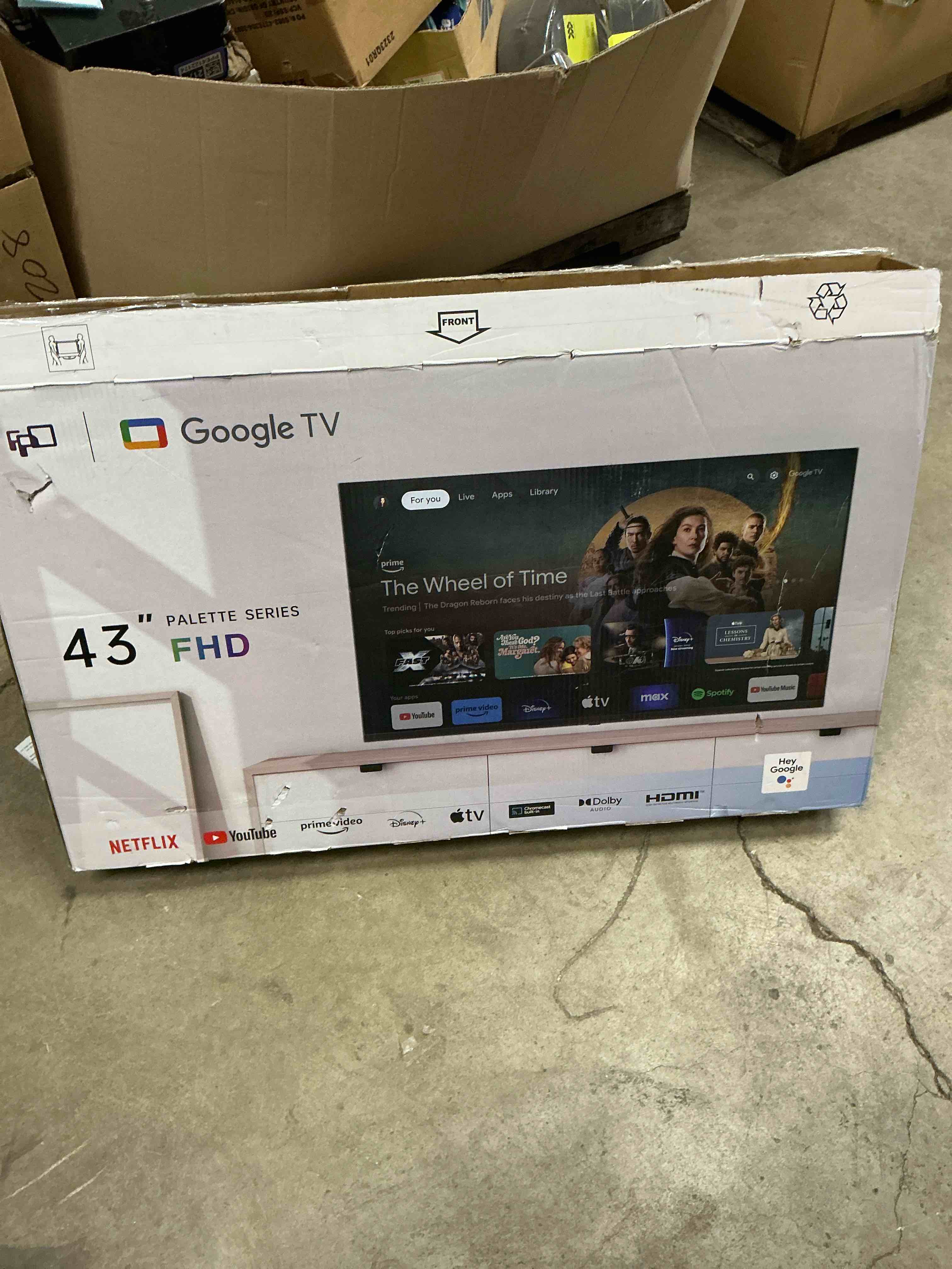 Condition photo showing As Is for FPD 43-inch Smart TV Google TV 1080p Full HD with Google Play and Chromecast Built-in, HDR 10, Dolby Audio, Voice Remote, Stream Live TV(Palette-Series, CG43-P3, 2024 Model)