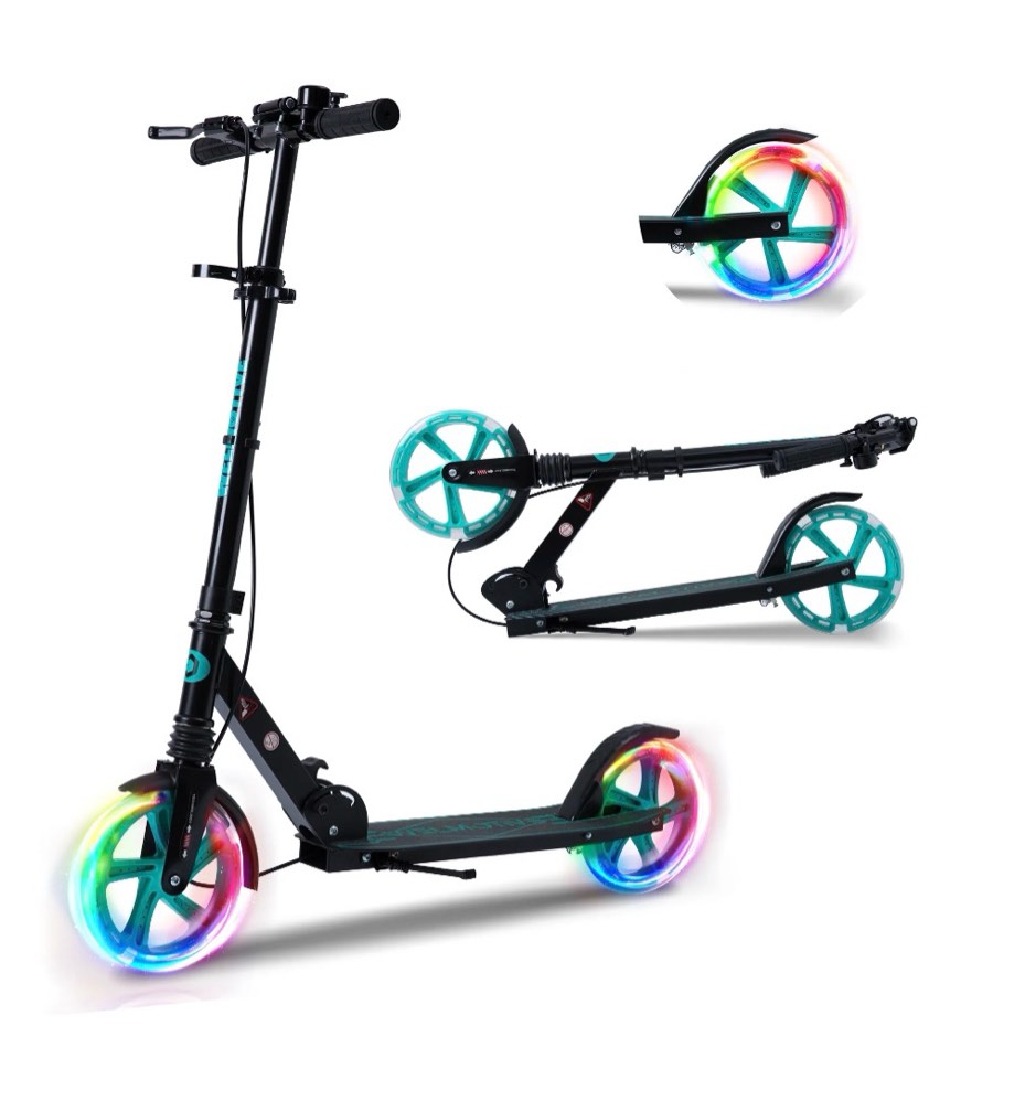 welmotive kick scooter for kids ages 6+ teens & adults, with front handbrake and rear brake, and adjustable handlebars, big sturdy pu flash wheels great gift & toy