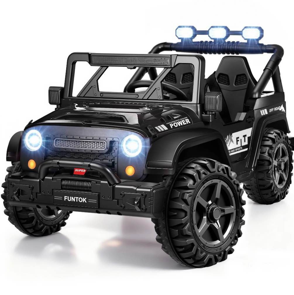 funtok 24v 2 seater kids ride on toys w/ 20 " large seat, 4 x 200w motor, 2wd/4wd switchable ride on truck, 3 speeds w/ remote control/led lights/music/bluetooth, black