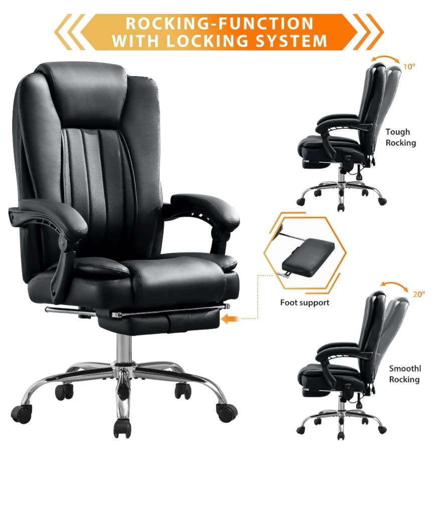 jonpony big and tall office chair 500lbs executive office chair massage and footrest ergonomic computer desk chair reclining high back leather office chair lumbar back support swivel rolling,black