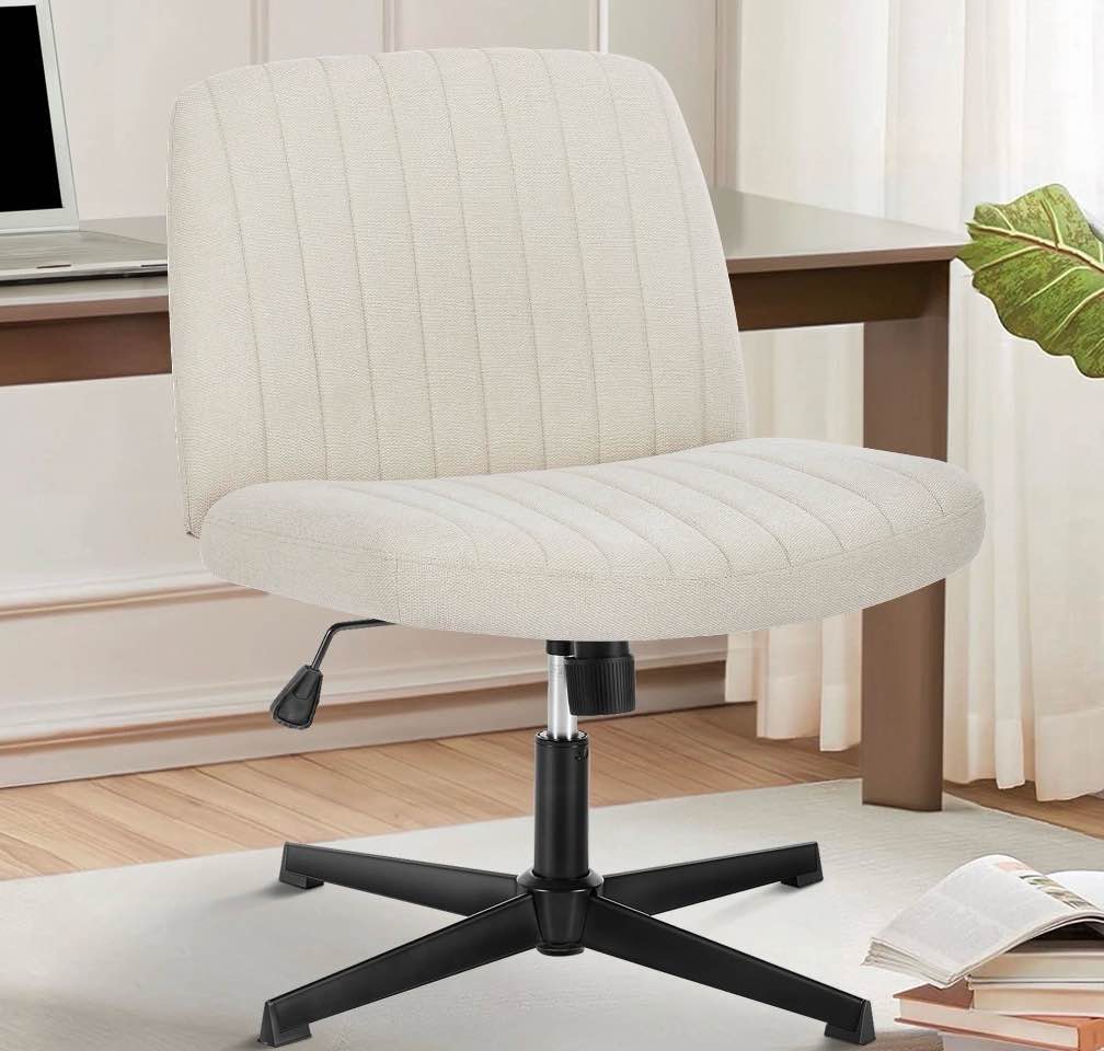 office chair armless criss cross legged chair no wheels, comfy home office desk chairs, adjustable swivel padded fabric vanity task computer chair