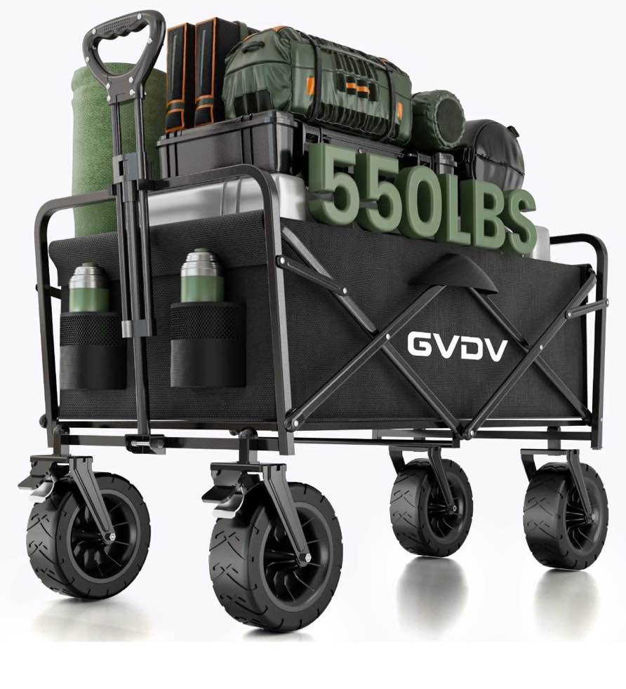 gvdv collapsible folding wagon, 550lbs large heavy duty utility cart with all-terrain wheels and adjustable handles for shopping, camping, sports, outdoor, beach, black