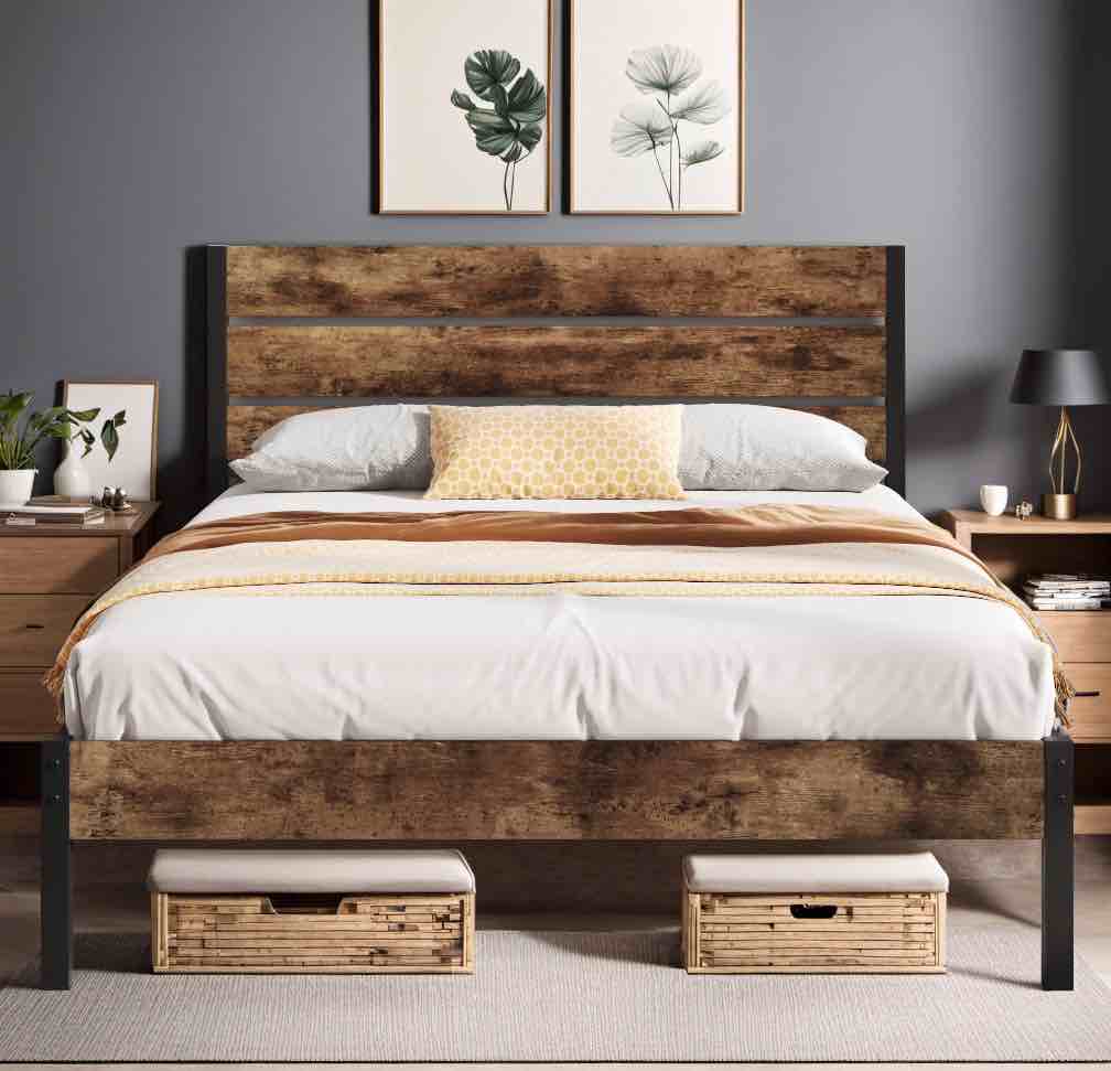 lifezone queen bed frame with rustic vintage wood headboard and footboard,metal support,rustic brown
