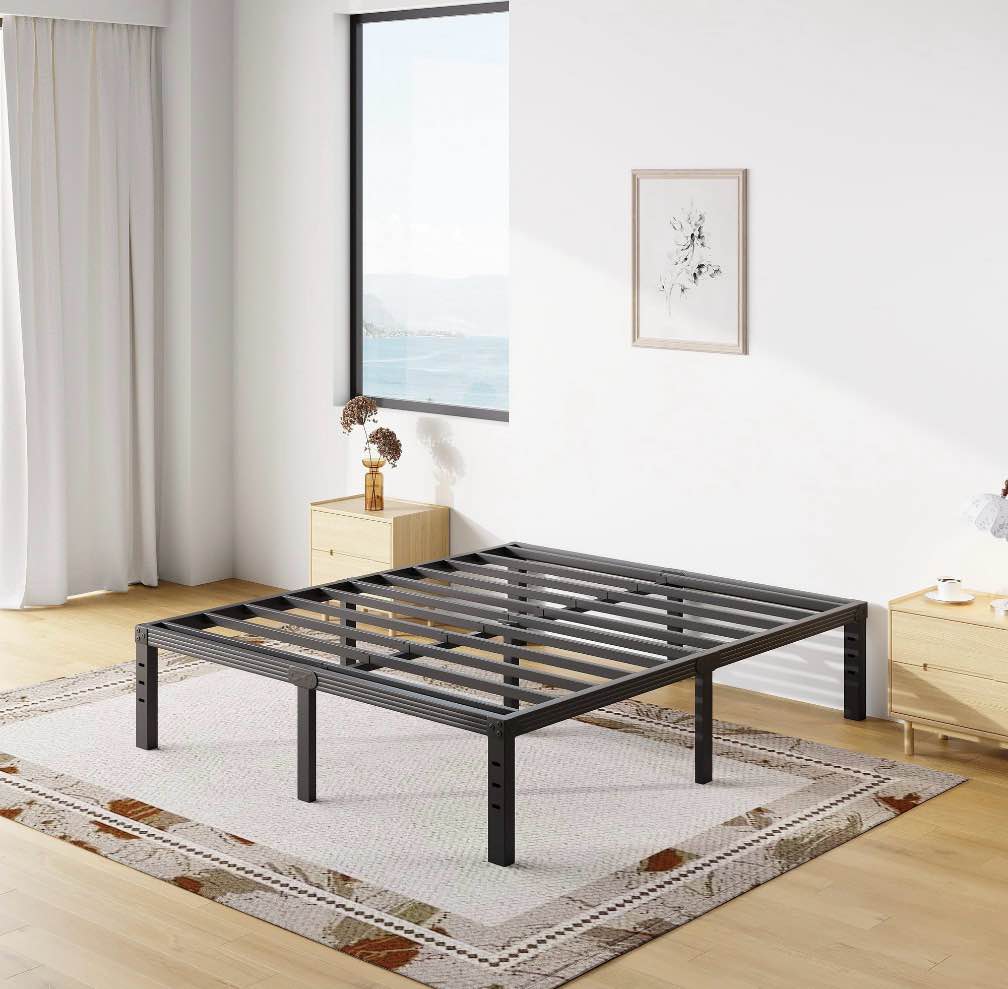 comasach 18 inch queen bed frame, easy assembly, heavy duty metal platform, noise free, black
