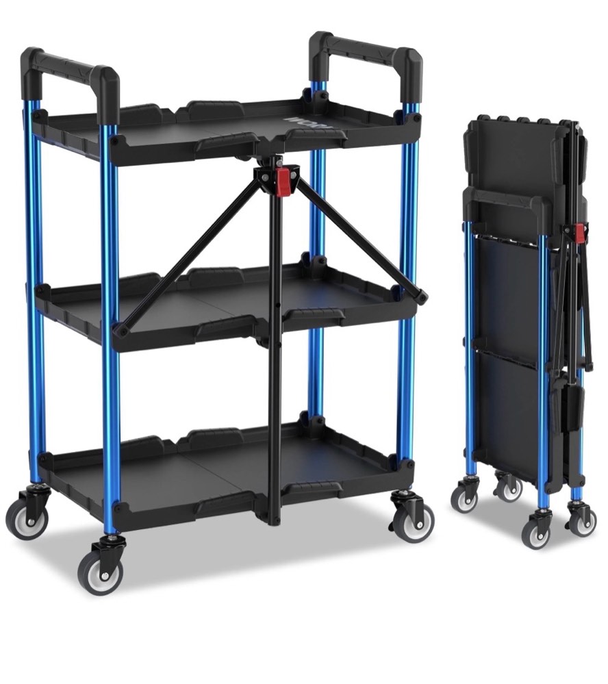 workpro 3-tier folding collapsible service cart with wheels, 210 lbs loading capacity, foldable rolling utility cart for garage, warehouse, home, restaurant, office