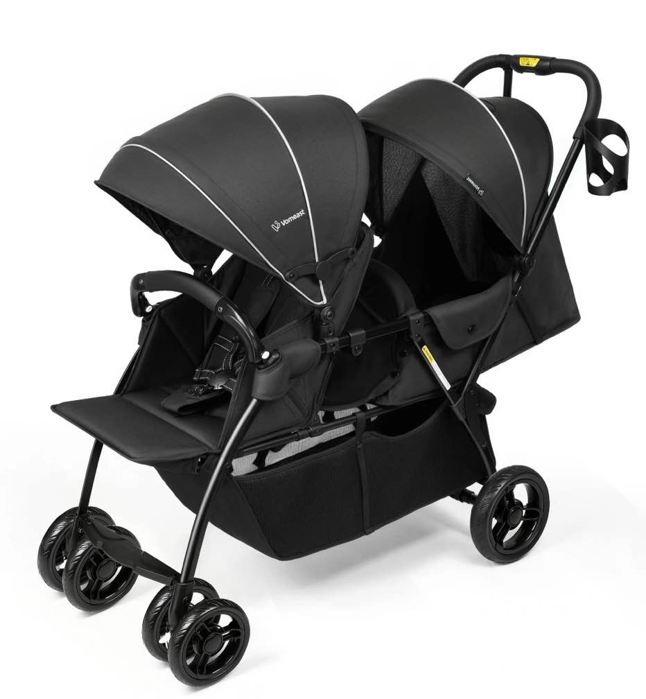 vomeast double stroller for 2 kids, foldable twin stroller with adjustable canopy, reclining seat & 5-point harness, lightweight travel strollers for toddler infant, black