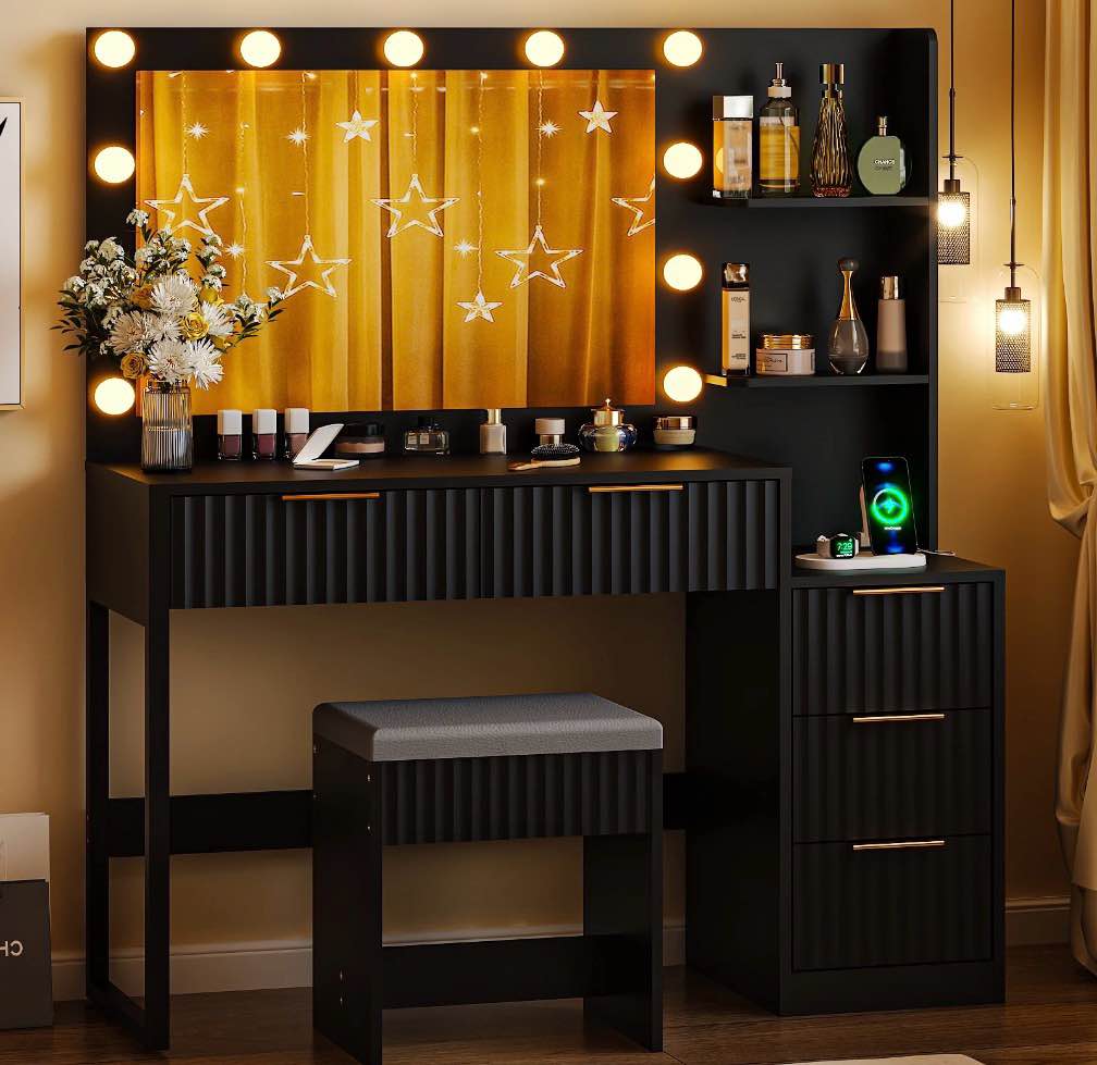ktaxon flutted makeup vanity table set with 5 drawer, dressing table w/charging station, vanity desk for femal gift, black
