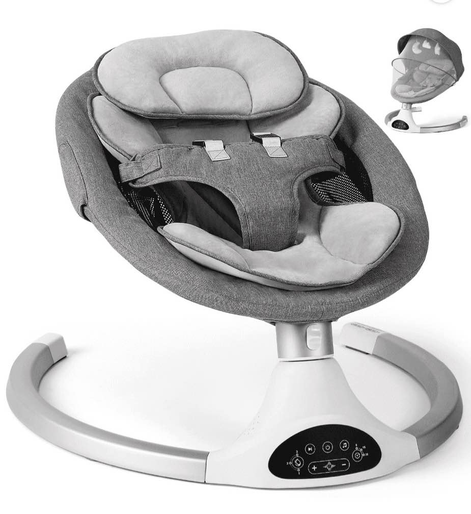 baby swing for infants - electric infant swing with 3 swing speeds and 10 lullabies, portable indoor baby rocker, touch screen control and remote control, bluetooth, grey