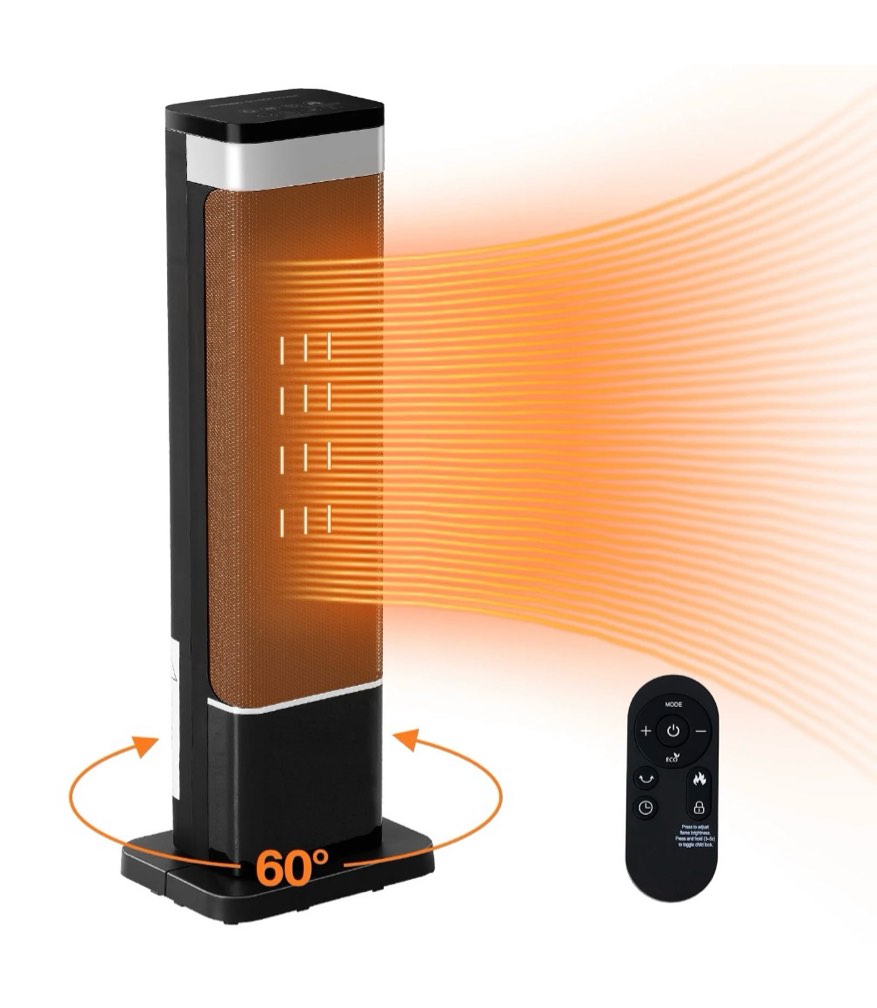 edx 24" space heater for indoor use, fast heating electric heater with 60° oscillation, thermostat & remote, safety overheat & tip-over protection, portable for bedroom, office