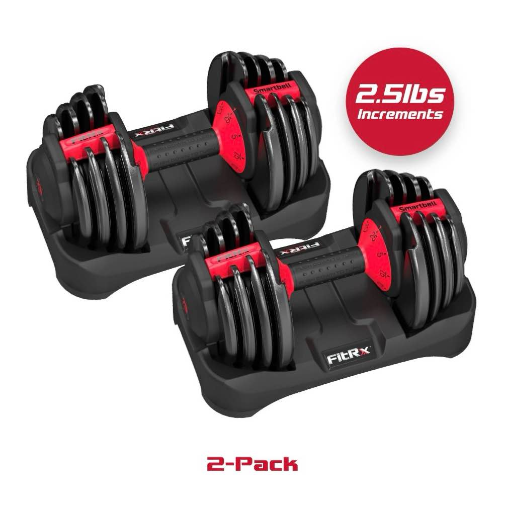 fitrx smartbell 2-pack  two 25lbs. quick-select 9 in 1 adjustable dumbbell for home gym  5-25lbs. weight in 2.5lbs increments