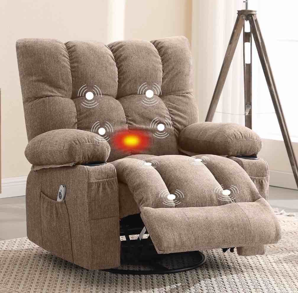 jonpony massage rocker recliner chair with vibration massage and heat ergonomic lounge chair for living room with rocking function and side pocket, 2 cup holders, usb charge port,brown