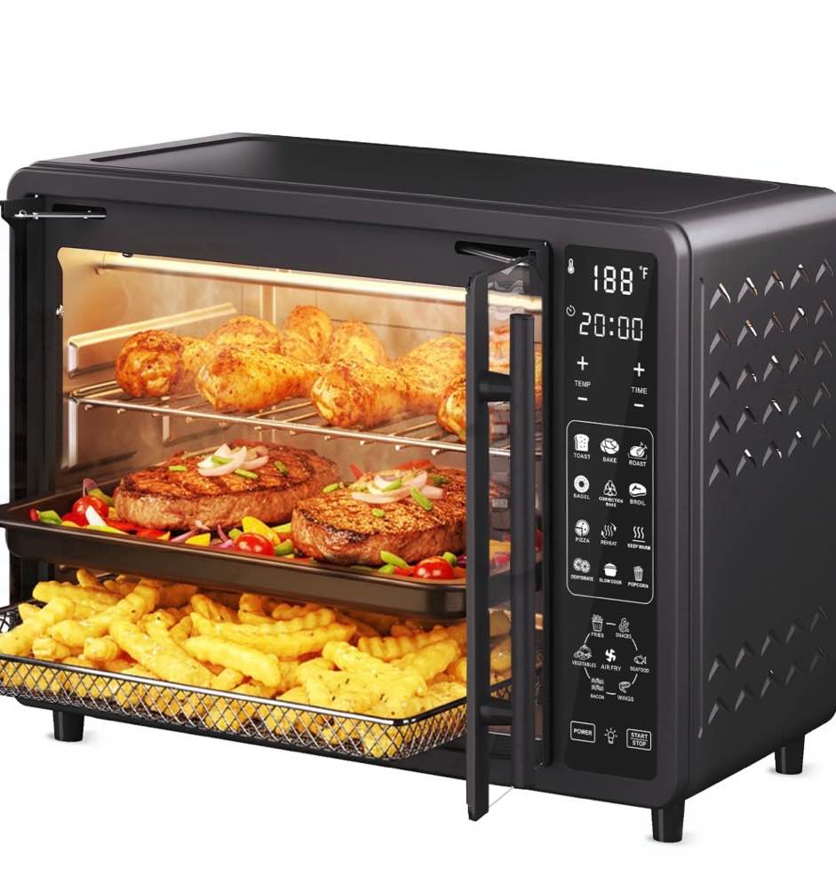 25qt french door air fryer toaster oven combo, bake, broil, roast, 19 cooking functions and digital controls, ntc precise temp control, 1700w powerful heating, stainless steel easy to clean