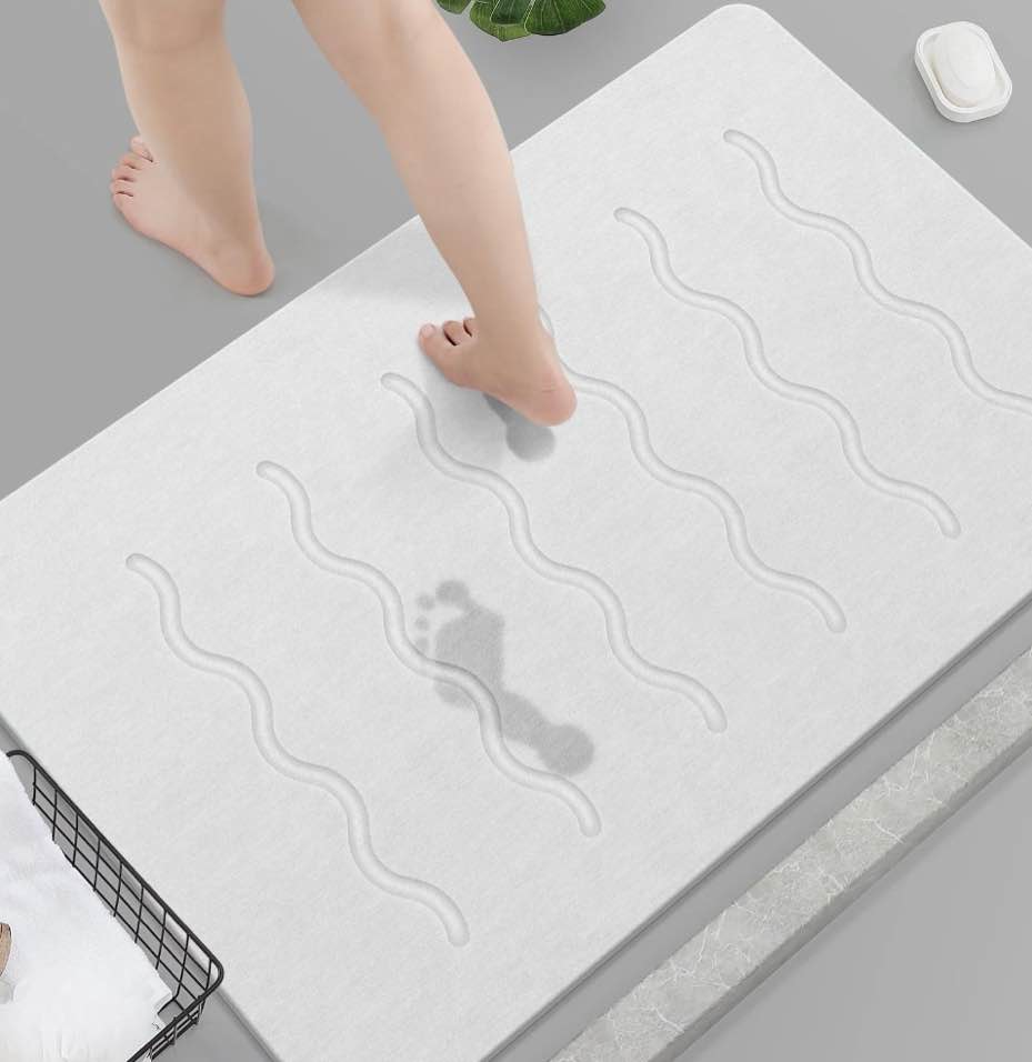 othway large stone bath mat, 32"x 20" diatomaceous earth bath mat for bathroom, quick drying long bath mat stone absorbing, non-slip diatomite hard stone shower mat instant dry(white grey)