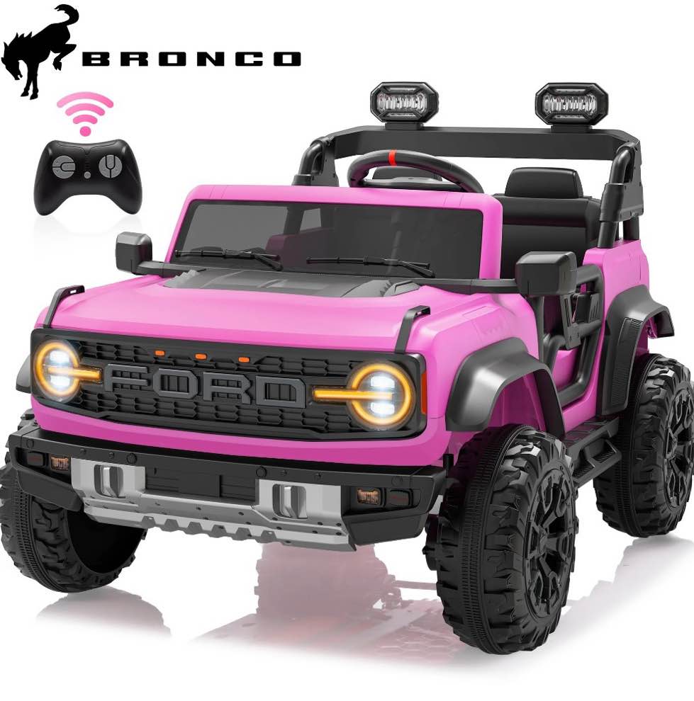 24v 2 seater ride on cars, licensed ford bronco raptor powered ride on toys truck with remote control, 4 wheels spring suspension, bluetooth, led light, electric cars for kids ages 3-8 gifts, pink