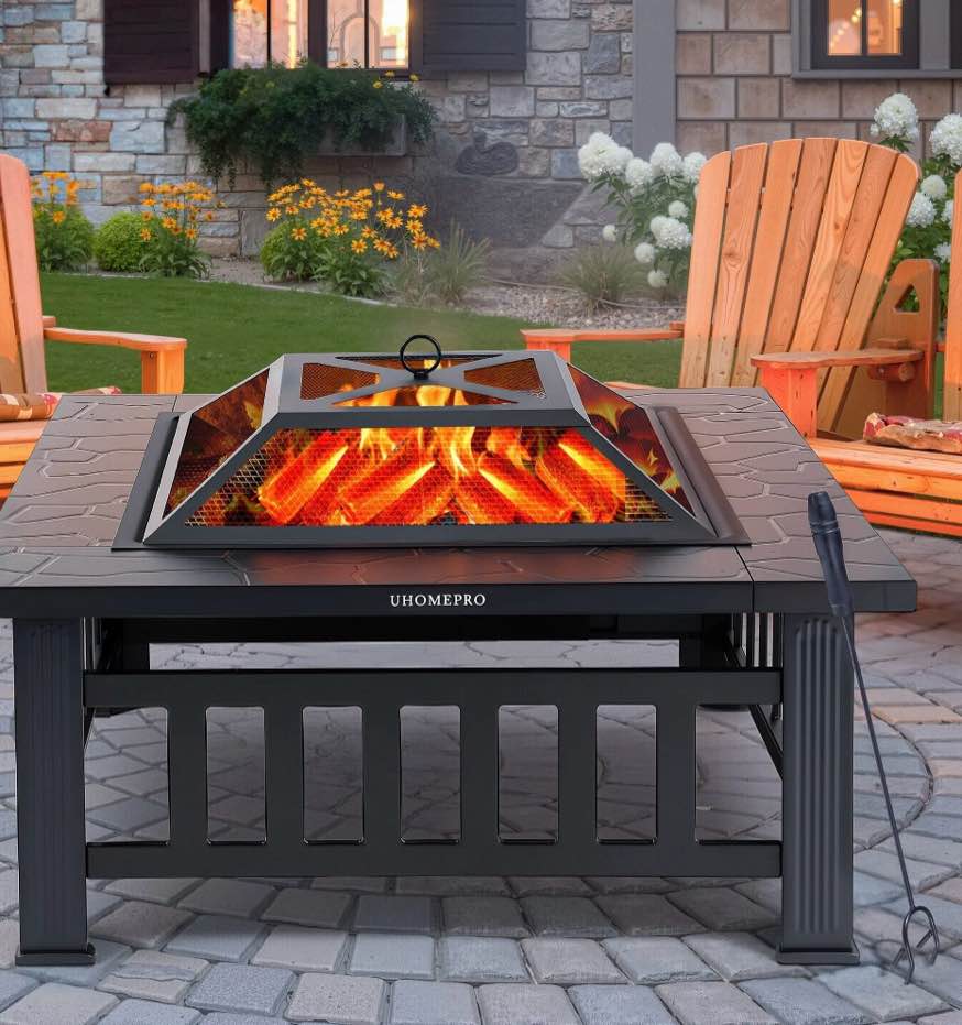 fire pits for outside, 32" wood burning fire pit tables with screen lid, poker, bbq net, ice tray, food clip and cover, backyard patio garden outdoor fire pit/ice pit/bbq fire pit, black