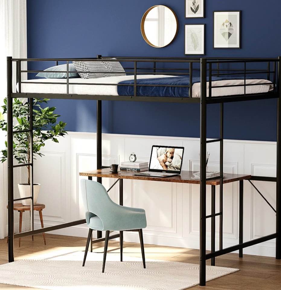 zimtown full loft bed with stairs metal single loft bunk bed with safety guard rails & 2 side ladder, black