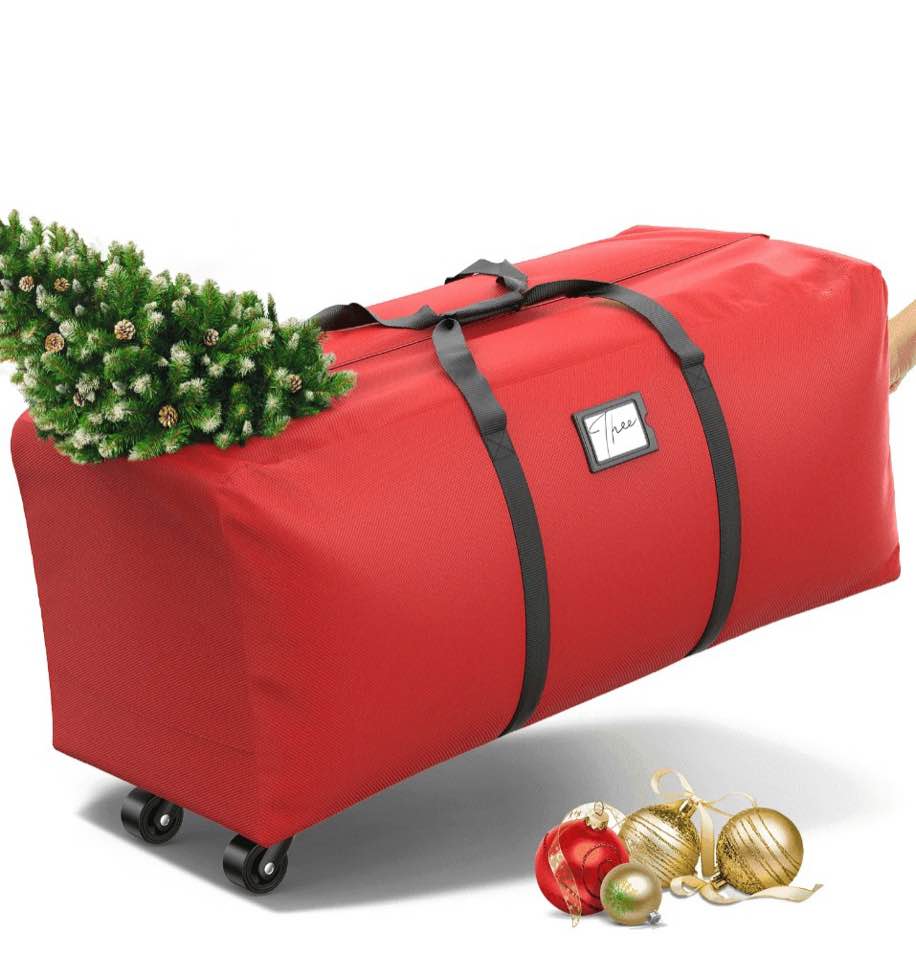 rolling christmas tree storage bag, waterproof anti-tear heavy-duty 600d oxford cloth ornament, 9ft christmas tree storage box with rolling wheels, red