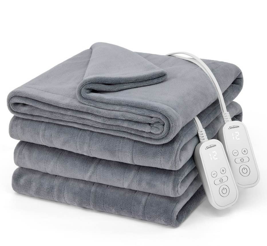 sunbeam electric heated bed blanket grey soft microplush 12 heat settings queen 90 x 84