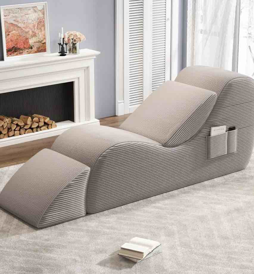 yoga curve chair, corduroy yoga chaise lounge chair for adults, with lumbar pillow, side pocket, ottoman, modern yoga couch for stretching and relaxation, grey