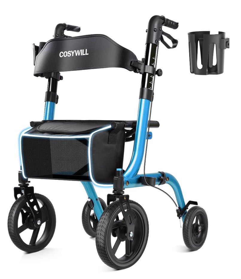 cosywill rollator walkers with seat for seniors, foldable 10" big wheels all terrain rolling walker,adjustable handles, mobility walker for seniors,blue
