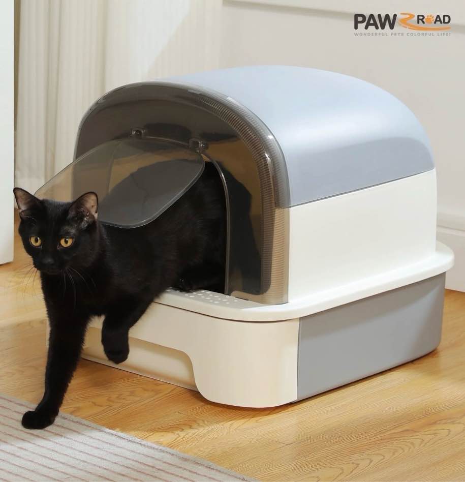 pawz road large cat litter box with scoop litter box with lid double-layer leak-proof litter box for cat, gray