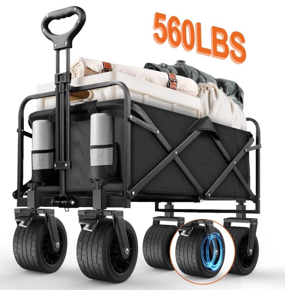 qunler large collapsible folding wagon, 560 lbs heavy duty big bucket utility garden cart with oversized tank wheels for sports, shopping, camping, kids, black